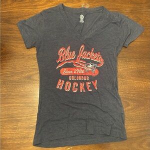 NHL Columbus Blue Jackets Women's Navy V-Neck Tee with Red Graphic